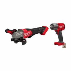 This combo kit includes an angle grinder (MPN 3670-20) and an impact wrench (MPN 2960-20), both tool-only units operating on 18 V DC batteries (sold separately). The angle grinder is suited for cutting and grinding tasks, while the impact wrench drives bolts and nuts. Typical applications include metal fabrication, construction, and maintenance work.