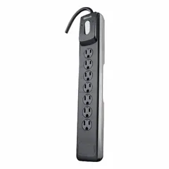General-purpose surge protector with 7 outlets, 10 ft cord, 1440 J energy rating, and 15 A current. Features a 5-15P plug and non-mounting design in black. Suitable for protecting electronics in home or office environments.