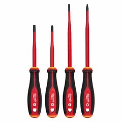 This 4-piece insulated screwdriver set includes cabinet, Phillips, and square tip drivers. Designed for electrical work requiring protection against shock, these tools are suitable for use on energized equipment up to 1000 V. The set provides a combination of common tip styles for various fastening tasks in electrical installations and maintenance.