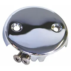 Chrome-plated metal face plate for covering bathtub overflow openings. Includes faceplate and screws. 2 in overall diameter, 1/2 in overall height. Screw-type connection. Used in residential and commercial bathtub drain replacement and maintenance.