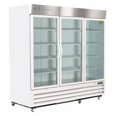This upright lab refrigerator provides 72 cubic feet of storage capacity for temperature-sensitive materials. It maintains a temperature range of 1°C to 10°C and features three swing glass doors with left and right opening. The unit includes a temperature alarm and uses R-290 refrigerant. Overall depth is 34 inches.