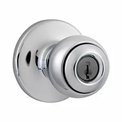 This KWIKSET office knob lockset features a chrome finish and rose lockset style. With ANSI Hall function, it provides a non-locking passage operation suitable for interior doors in office environments where free access is required, such as hallways or closets.