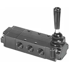 Four-way, three-position lever-operated spool valve with manual return. Aluminum body with 1/4 in female NPT ports and exhaust function. Used for manual directional control of compressed air in pneumatic systems.