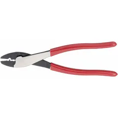 This pliers-style crimper is designed for non-insulated terminals and accommodates wire sizes from 10 AWG to 22 AWG. It is commonly used in electrical work to securely crimp wire connectors onto wires, ensuring reliable connections in industrial and commercial applications.