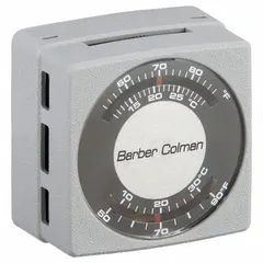 Summer/winter pneumatic thermostat for 2-pipe high-volume HVAC systems. Temperature control range 55° to 85°F. Direct action at 16 psig, reverse action at 25 psig. Mounts horizontally or vertically; cover included.