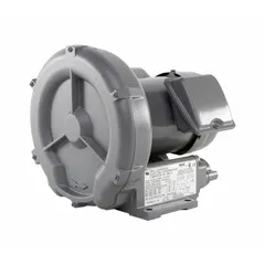 Single-stage regenerative blower rated at 0.33 hp, providing a maximum operating pressure of 33.9 in wc and a maximum vacuum of 33 in wc. Operates on single-phase 115/230V AC power at 3.6/1.8 A. Features female NPT and NPSC connections. Suitable for industrial air movement, vacuum lifting, and pressure applications such as packaging, pneumatic conveying, and wastewater aeration.