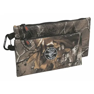 KLEIN TOOLS Tool Bag: 12 1/2 in W x 11/16 in D x 7 in H, Camouflage, Polyester, 2 Bags - Polyester Flat Zippered Tool Bags