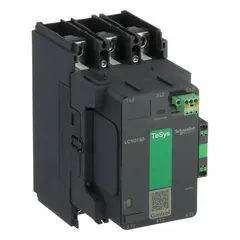 Non-reversing IEC contactor with 3 poles and 3 normally open contacts, rated for 150 A continuous current. Coil operates on 120V AC or 240V AC. Spring-loaded wire termination simplifies installation. Suitable for switching and controlling electrical loads in motor control and automation systems, such as conveyors, pumps, and compressors.