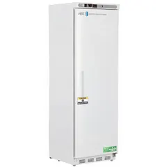 Upright lab refrigerator with 14 cu ft capacity, white swing solid door opening to the right. Maintains temperature range of 1°C to 10°C using R-600a refrigerant. Features a temperature alarm. Overall depth 24 3/8 in. Suitable for storage of temperature-sensitive laboratory materials.
