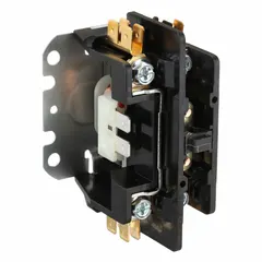 Single-phase definite purpose contactor with 1NO main pole contact form, 24V AC coil, 30 A rating, and 600V AC maximum voltage. Screw clamp terminals. Used for switching loads in HVACR equipment such as compressors and fan motors.