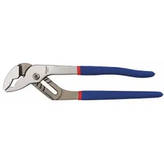 Groove-joint pliers with V-shaped jaws for gripping and turning nuts, bolts, pipes, and fittings. Overall length 12 in, jaw width 1/2 in, maximum jaw opening 2 3/4 in. Suitable for plumbing, mechanical, and general maintenance tasks requiring adjustable jaw positioning.