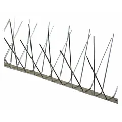 Stainless steel bird spikes with a stainless steel base, designed for narrow ledges. The 51 ft length provides a physical barrier to deter pigeons from landing and perching. Suitable for use on building ledges and similar surfaces where bird control is needed.