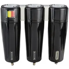 Three-stage coalescing filter assembly for compressed air systems. Removes oil, water, and particulate contaminants. Features 3/4 in NPT connection, 0.01 micron filtration rating, 101 cfm flow capacity, and maximum operating temperature of 130°F. Suitable for applications requiring high-purity air.