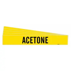 Yellow adhesive pipe marker with black legend reading 'Acetone', designed for pipes with outer diameter 8 inches and larger. Each pack contains 5 markers (one marker per pack) without directional arrows. Applied to identify acetone lines in industrial piping systems.