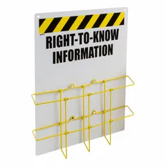 Wall-mount safety station for organizing and displaying right-to-understand information such as GHS labels and safety data sheets. Overall height 20 inches. Mounting hardware not included. Used in industrial workplaces to support hazard communication compliance.
