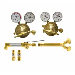 This torch and regulator outfit is configured for acetylene service with a CGA 510 fuel regulator connection. It includes integrated flashback arrestors for operator safety. Suitable for oxy-acetylene welding, cutting, and brazing applications in maintenance, fabrication, and repair tasks.