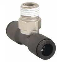 This tee fitting connects two 5/32 in OD tubes and one 1/8 in MNPT pipe, made of nylon and nickel-plated brass. It is used in pneumatic or fluid systems to create branch connections, enabling quick assembly and maintenance