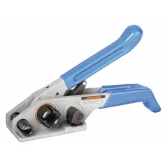 Manual tensioner for poly cord strapping, designed for strap widths from 1/2 in to 3/4 in. Features a handle grip and weighs 4 lb. Suitable for use with flat seal surfaces in packaging and shipping applications.