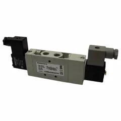 This AVENTICS L2 Series directional control valve is a four-way, three-position unit with double solenoid actuation and solenoid return. It operates on 24V DC and features an open center with locking function. Typical applications include directing compressed air flow in industrial pneumatic systems for precise control of cylinders or actuators.