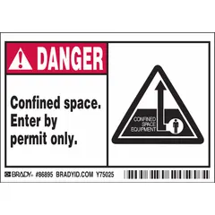 Polyester adhesive signs, 5-pack, nominal size 3 1/2 in x 5 in, 0.01 in thick. Not retroreflective, does not glow in the dark. Used to mark confined spaces requiring permit-only entry in industrial facilities, plants, and construction sites.