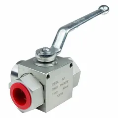 Three-way hydraulic ball valve for directing or diverting fluid flow in hydraulic systems. Features a #8 SAE O-Ring Boss port connection, 4.51-inch handle length, and 2.08-inch overall height. Handle is not lockable. Suitable for manual flow control in mobile equipment, agricultural machinery, and industrial fluid power circuits.