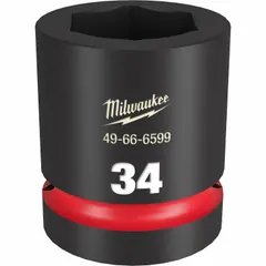 This 1" drive impact socket features a 34 mm metric size with a 6-point configuration and a friction ring retention system. The black phosphate finish provides corrosion resistance for heavy-duty fastening applications on industrial equipment, construction machinery, and automotive repair.