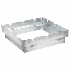 Galvanized steel adapter for downblast fans. Adapts a 19-inch fan base to fit a 17-inch roof curb. Includes eight 1/4-20 Tinnerman speed nuts for secure attachment.
