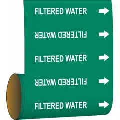 Green adhesive pipe markers with white legend reading 'Filtered Water', supplied as a roll of 30 markers. Each marker includes directional arrows and fits pipe outer diameters of 2 inches and smaller. Used to identify filtered water lines in piping systems.