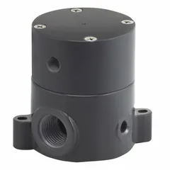 Polypropylene body, 3-way configuration with FNPT x FNPT connections. PTFE diaphragm. Single-acting spring return actuator with air-to-spring operation. For corrosive chemicals in industrial processes requiring flow diversion or shut-off.