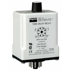 This socket-mounted time delay relay provides on-delay timing for industrial control circuits. It is rated for 10 A and operates on 24V AC/DC with 8 pins/terminals. Typical applications include conveyor systems, HVAC controls, and motor start sequencing where delayed output activation is required.