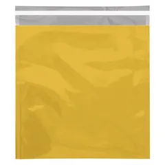 Gold metallic mailer measuring 10 3/4x13" with a usable width of 10 3/4 inches. Includes a tear strip for easy opening. Pack of 250. Suitable for shipping or presenting items where a distinctive appearance is desired.