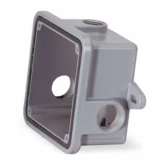 Cast aluminum back box in gray for use with 4 in and 6 in vibrating bells and horns. Includes mounting lugs and threaded conduit openings of 1/2 in and 3/4 in, with 2 in deep mounting lugs on 4-1/2 in centers. Overall length 2 1/2 in. Suitable for outdoor or damp location installations requiring a sealed enclosure.