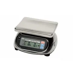 Food scale with LCD display, 1 g readability, and IP65 rating for dust and water jet resistance. Weighing surface measures 9 1/8 in width by 7 1/2 in depth. Suitable for commercial kitchens, food processing, and quality control applications requiring accurate portioning and ingredient measurement.