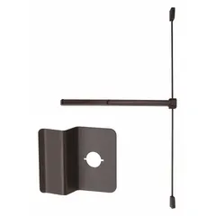 This rim exit device features a touchbar style and a night latch outside trim. It is ADA compliant and designed for doors up to 3 ft wide. The bronze finish suits commercial egress applications requiring secure push-pad operation.