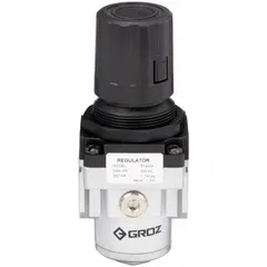 Aluminum intermediate-duty air regulator with 3/8 in NPT connection. Adjustable pressure range from 7 psi to 145 psi via knob control. Flow capacity of 88 cfm. Used in compressed air systems to regulate downstream pressure for pneumatic tools and actuators.