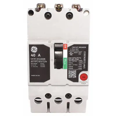 GE Molded Case Circuit Breaker: 40 A Amps, 65kA at 277/480V AC, Fixed, Lug - TEY-Frame GE Molded Case Circuit Breakers