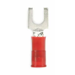 Nylon-insulated block fork terminal for #8 studs, accepting 22 AWG to 18 AWG wire. Rated 600 V. Used for secure wire termination in control panels, junction boxes, and industrial machinery where vibration-resistant connections are required.