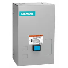 This enclosed non-reversing starter with electronic overload is designed for starting and protecting three-phase motors in forward-only applications such as conveyors, pumps, and fans. It features a NEMA Size 0 contactor rated 18 A, a 240V AC coil, and includes screw terminals, one normally open auxiliary contact, and a pilot light. The unit accepts 190-220/220-240V AC supply.