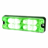 Rectangular LED warning light with green/white illumination, SAE Class 1 rated. Operates on 12-24V and offers 69 selectable flash patterns. Includes mounting hardware for screw attachment and 20 AWG wire connections. Suitable for perimeter warning on emergency, construction, and utility vehicles