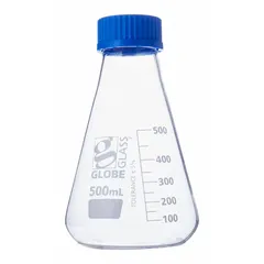 This 500 mL conical flask is made of colorless glass meeting USP Type I specifications. The included closure allows secure sealing for mixing, heating, or storing liquids. Suitable for titration, culturing, and general laboratory procedures.