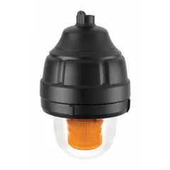 This LED multimode warning light is designed for hazardous locations where visual alerts are required. It operates on 24V AC/DC and features an amber lens. The unit has a threaded mount, overall height of 11 3/8 inches, and overall diameter of 8 13/16 inches. Typical applications include industrial environments such as refineries, chemical plants, and manufacturing facilities.