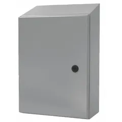 This steel washdown enclosure measures 36 x 30 x 16 inches and features a solid hinged cover with a 1/4-turn latch. Rated NEMA 12/13/3R/4, it is suitable for indoor or outdoor use where protection from dust, oil, water, and corrosion is required. No knockouts are included. Typical applications include housing electrical controls and equipment in industrial environments subject to hose-down cleaning or weather exposure.
