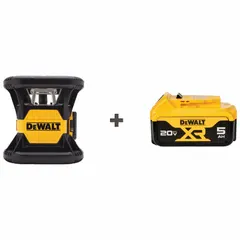This horizontal-beam rotary laser level kit features a green beam, electronic self-leveling, and accuracy of ±1/16 in @ 100 ft. It includes two dots, a 5-degree slope capability, batteries, and a bracket. Suitable for alignment, leveling, and slope setting in construction and interior finishing tasks.