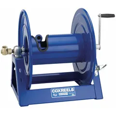 This hand-crank hose reel accommodates up to 100 ft of 3/4 in I.D. hose and features a gooseneck outlet to reduce hose wear. The brass swivel and nitrile seal support fluid transfer in industrial applications such as manufacturing, maintenance, and vehicle service. Overall dimensions are 17-5/8 in L x 17-3/8 in W x 18-3/4 in H, with a blue finish.