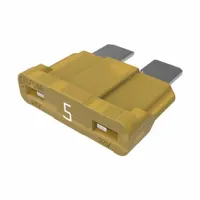 Fast-acting blade fuse rated 5 A at 32 V DC, part of the ATOF series. Provides overcurrent protection in automotive electrical systems. Indicating feature allows visual identification of blown fuse. Suitable for circuits requiring quick response to fault currents