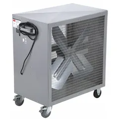 Standard industrial floor fan with 36-inch blade diameter, 1/2 hp belt drive, and steel construction. Operates on 115V AC and is mobile for flexible positioning. Suitable for general air circulation and ventilation in large open areas such as warehouses, factories, and workshops.