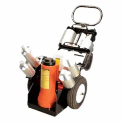 Steel-bodied, air-operated wheeled jack with 100-ton load capacity and 37-inch minimum lift. Designed for lifting railcars in heavy maintenance and repair tasks.