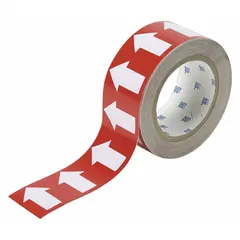 Non-reflective vinyl pipe marking tape with red background and white legend. Used to identify pipe contents and indicate directional flow in industrial piping systems. Roll length 90 ft (1,080 in), width 2 in.