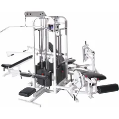 This 3-station multi gym machine features a steel frame with a powder-coated finish in gray and blue, and vinyl upholstery. Designed for simultaneous use by multiple users, it is suitable for commercial or institutional fitness settings supporting diverse exercise routines.