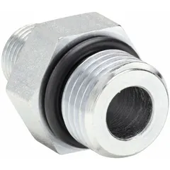 Steel adapter with male threaded x male NPT ends. Fitting pipe size 3/8 in x 1/2 in. Rated for maximum operating pressure of 6,000 psi. Used to connect male NPT threaded ports in high-pressure fluid power systems.